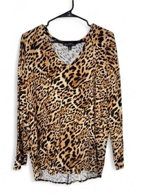 INC International Concepts Leopard Print V-Neck Long Sleeve Top - Brown Black